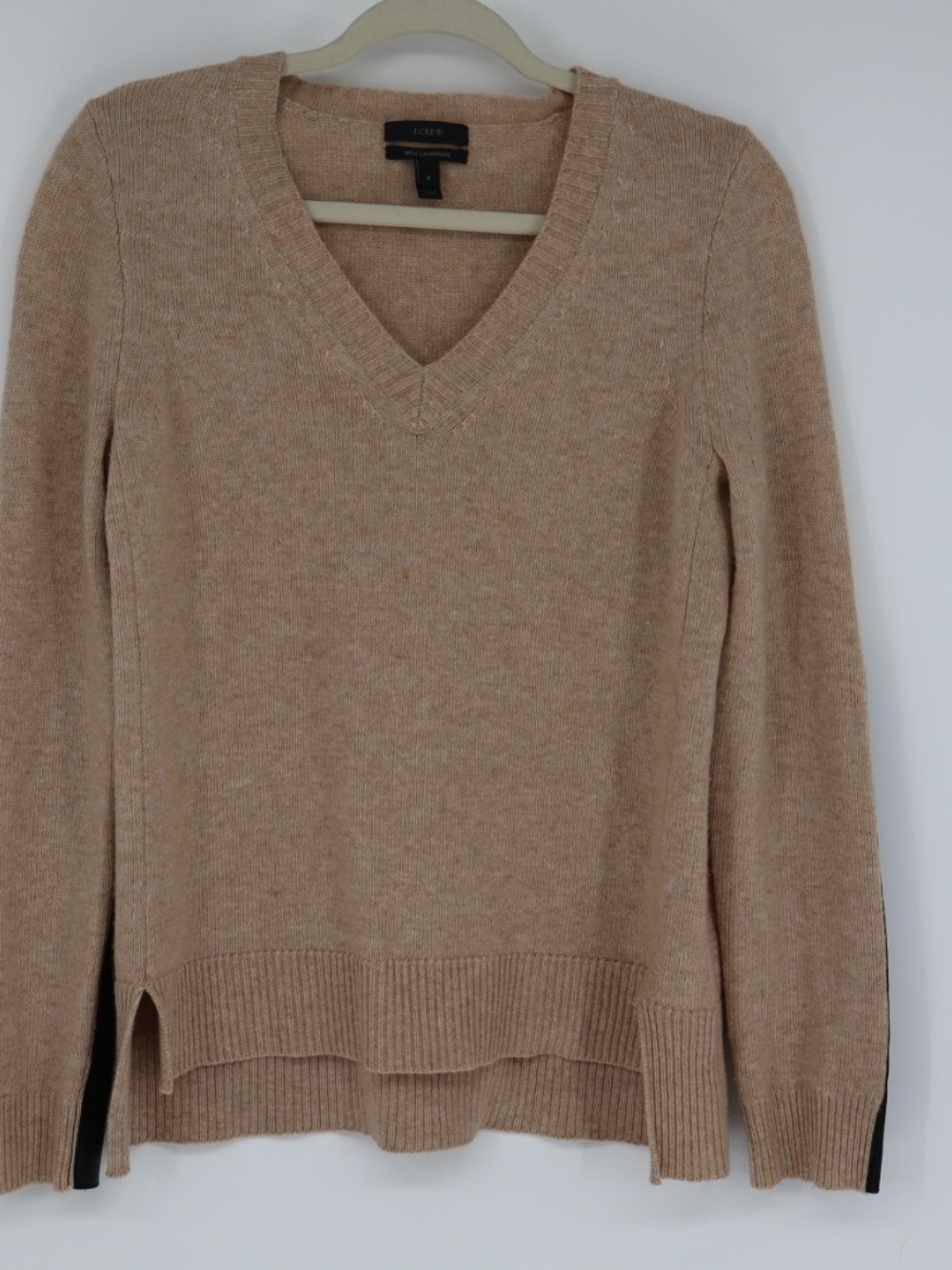 J.Crew Wool Cashmere V-Neck Sweater Small Tan Leather Sleeve Panels Tan